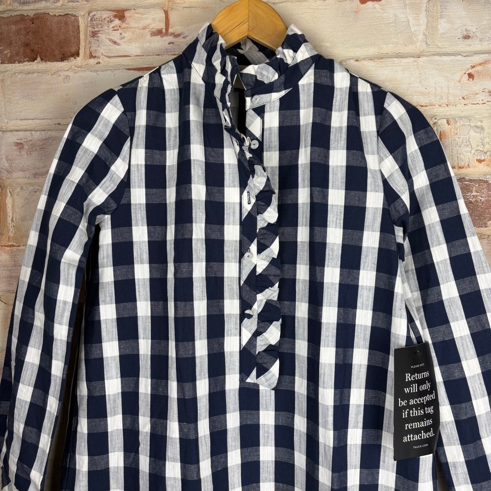 NWT Tuckernuck Navy Check Tate Dress Gingham Ruffle Cotton Linen Oversized XXS - Picture 11 of 14